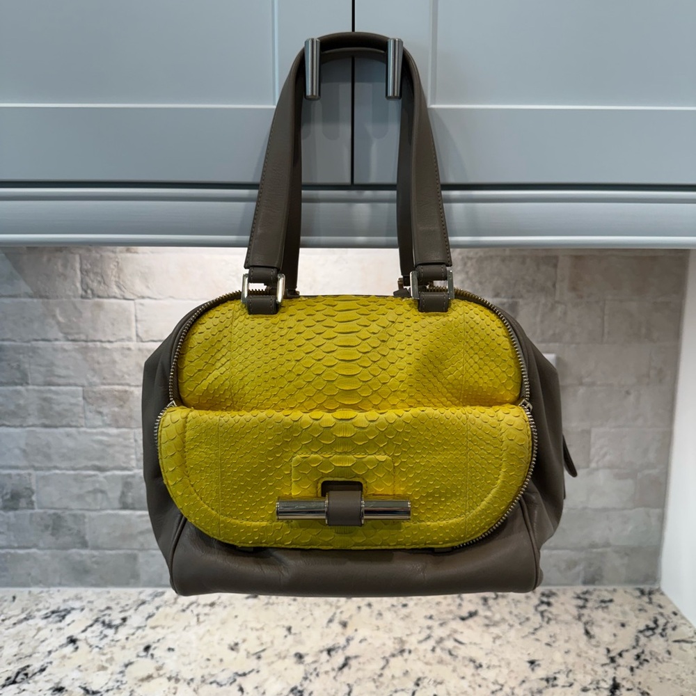 Jimmy Choo RARE EUC Justine Satchel Taupe Leather & Yellow Python w/COA